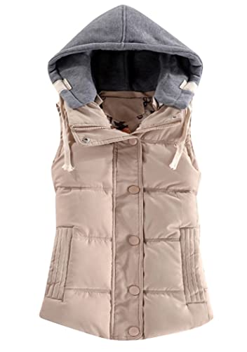 OMZIN Damen Winter Weste Übergang Parka Übergangsjacke Mit Abnehmbarer Kapuze Outdoor-Weste Steppweste Down Vest Beige M von OMZIN