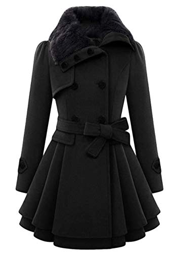 OMZIN Damen Winter Wollmantel Pelzkragen Parka Frauen Casual Schlank Knopf Tasche Mantel Kleidung Schwarz XXL von OMZIN