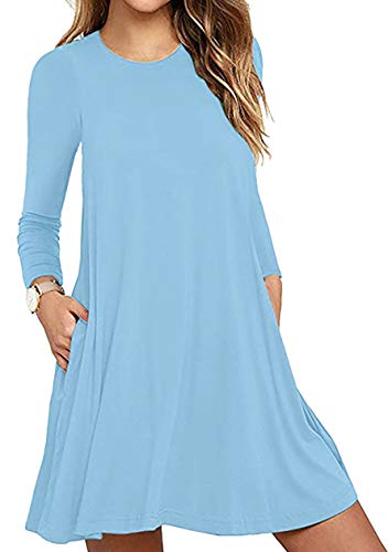 OMZIN Damen Winterkleid A-Linie mit Blumen Winterkleid Langes Shirt Shirtkleid Blusenkleid Himmelblau XL von OMZIN