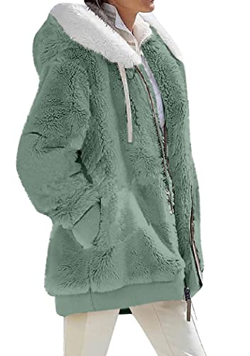 OMZIN Damen Wintermantel Mit Reißverschluss Warme Lockere Grundjacke Mit Taschen Plüsch Warme Strickjacke Reines Grün M von OMZIN