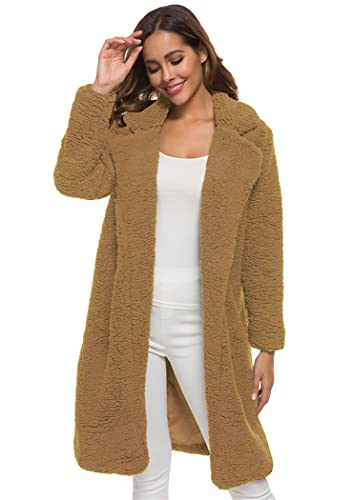 OMZIN Damen Wintermantel Plüschjacke Kunstpelz mit Kapuze Pelzmantel Teddy-Fleece Jacke Mantel Cardigan Warme Felljacke Kamel S von OMZIN