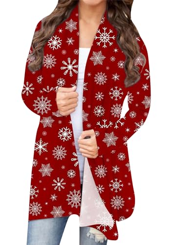 OMZIN Damen Xmas Tree Plaid Snowflake Rentier Print Strickjacken Langarm Offener Mantel Weihnachten Strickjacke Rot Schneeflocke 2XL von OMZIN