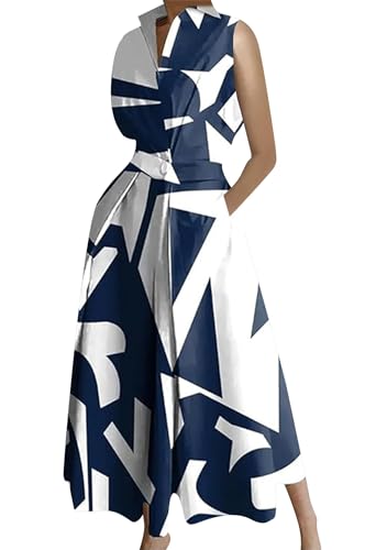OMZIN Damen ärmellos Einfarbig Kleid Revers V-Ausschnitt Sommer A Line Shirt Maxikleider Floral Navy Blau 4XL von OMZIN
