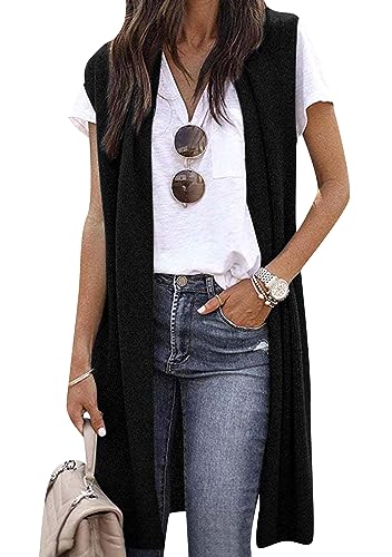 OMZIN Damen Herbst Ärmellose Offene Vorderseite Tunika Weste Lange Strickjacke Tops Mantel Einfarbig Leichte Lose Weste Dunkel Schwarz L von OMZIN