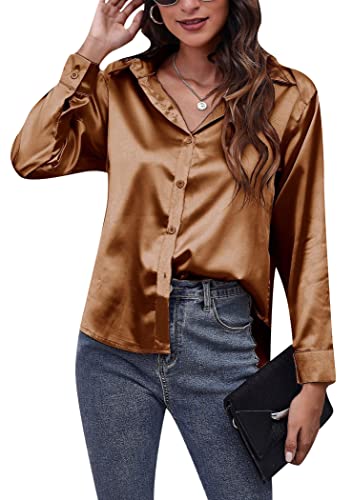 OMZIN Damenbluse Satin Seidige Hemden V Ausschnitt Button Down Hemden Lässige Lockere Langarm Arbeitsoberteile Braun M von OMZIN