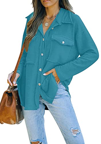 OMZIN Damenhemd Mit V-Ausschnitt Aufrollbare Ärmel Mit Manschetten Lässige Arbeit Schlichte Oberteile Wasser Blau 12XL von OMZIN