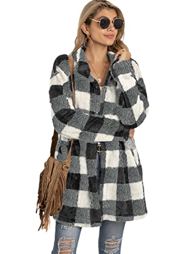 OMZIN Damens Winter Plaid Übergröße Hemd Langarm Casual Mantel Revers Boyfriend Knopf Mantel Grau Weiß S von OMZIN