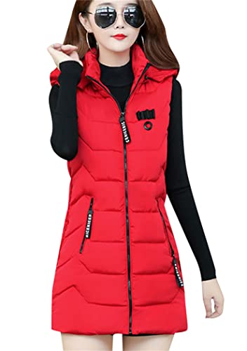 OMZIN Daunenweste Für Damen Warmer Baumwolle Mode Mit Kapuze Leichte Gesteppte Weste Medium Lange Dicker Slim Zip Gilet Für Mädchen Klettern Reisen Rot XL von OMZIN