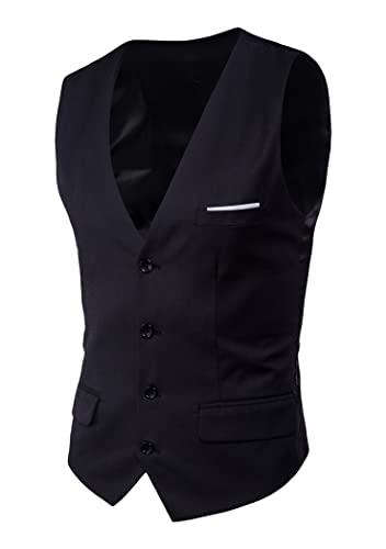 OMZIN Einreihige Einfarbige Herrenweste äRmellos Satin Weste Formal Business Weste Top Reines Schwarz L von OMZIN