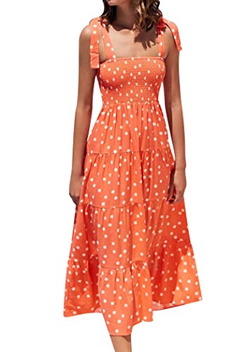 OMZIN Elegantes Babydoll Mit Quadratischem Halsausschnitt Und Rüschen Sommerkleid Mit ärmellosen Spaghetti-trägern Punkt Orange XL von OMZIN