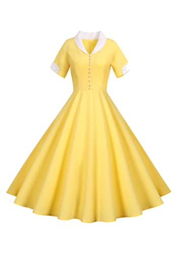 OMZIN Elegantes Damen Cocktailkleid Mit Kurzen Ärmeln Und Umhängekragen Aus Den 1950er Jahren Audrey Hepburn Kleider Gelb XL von OMZIN
