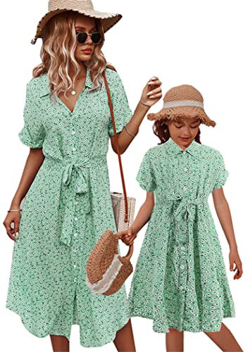 OMZIN Familie Passende Outfits Casual Kurzarm Mutter Und Tochter Passendes Kleid Button Down Side Split Floral Kleid Hellgrün 6-7Y von OMZIN