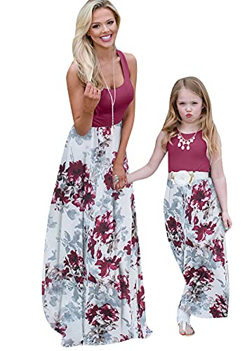 OMZIN Familienkleid Damen Sonnenkleid Ärmelloses Mutter Und Tochter Maxikleid A-Linien Kleid Rundhalsausschnitt Blumenkleid Weinrot Blume 8-9 Jahre von OMZIN