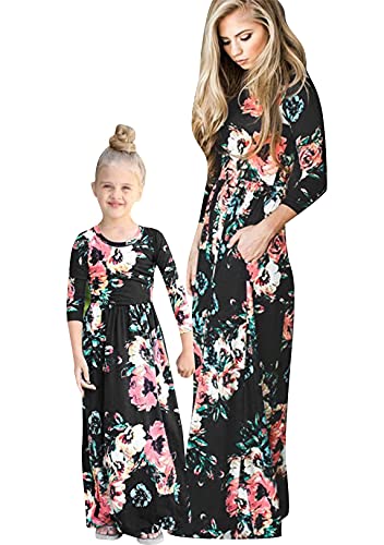 OMZIN Family Matching Flower Print O-Neck Dress Langarm Maxikleid Mommy and Me Einteiliges Frühlings-Herbst-Kleid B-Blumen Schwarz B XL von OMZIN
