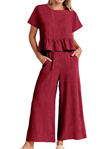 OMZIN Femmes Summer Casual Set de Deux pièces col Rond Couleur unie Base top Pocket Nine Points Large Leg Pants Set Rot L von OMZIN