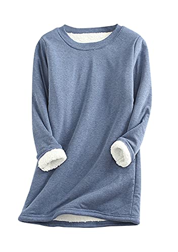 OMZIN Fleece-gefüttertes Sherpa-Sweatshirt für Frauen Baumwolle Warmer Pullover Loungewear Lässiges Baumwoll-Sweatshirt Blau XL von OMZIN