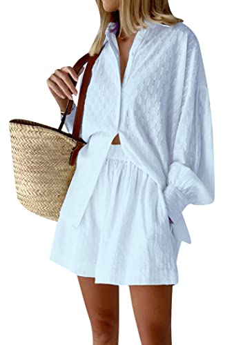 OMZIN Frauen 2 Stück Casual Outfits Lange Ärmel Button Down Revers Shirt Und Elastische Taille Shorts Sweatsuit Sets Himmelblau L von OMZIN
