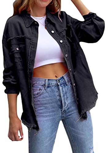 OMZIN Frauen Ausgefranst Saum Denim Mantel Laterne Ärmel Knopf Solide Farbe Jean Jacke Revers Taschen Denim Shirts Schwarz M von OMZIN