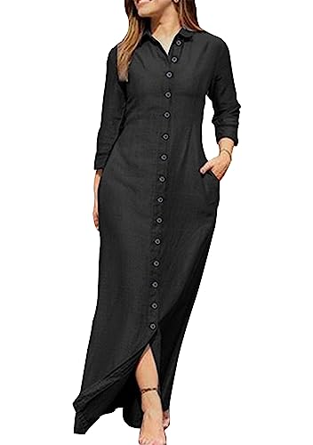 OMZIN Frauen Baumwolle Leinen Button Down Side Split Maxi Kleid Roll Up Ärmel Einfarbige Tunika Langes Kleid Denim Schwarz 3XL von OMZIN