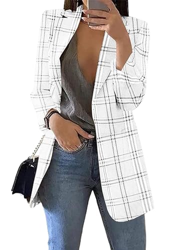 OMZIN Frauen Blazer Für Die Arbeit Casual Langarm Plaid Notched Lapel Loose Blazer Jacken Mit Open Front Einfarbig Weiß L von OMZIN