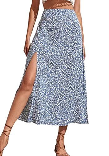 OMZIN Frauen Blumenrock Mit Seitenschlitz Bohemia a Line Hohe Taille Chiffon Rock Sommer Blumenrock Hellblau L von OMZIN