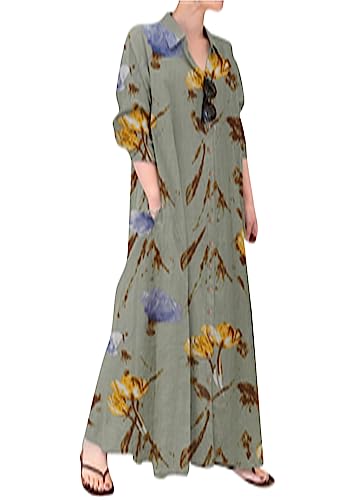 OMZIN Frauen Button down Kleid Langarm Lose Maxi Leinen Kleid Mit Taschen Plus Größe Blumenblau XXL von OMZIN
