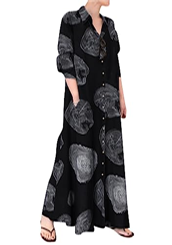 OMZIN Frauen Button down Leinen Lange Taschen Hemdkleid Sommer Print Revers Neck Party Kleid Baum Ring Schwarz XXL von OMZIN
