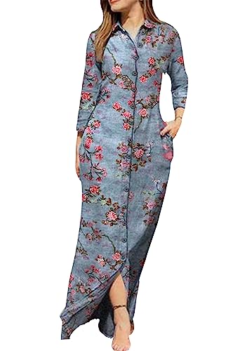 OMZIN Frauen Button down Reverskragen Kleider Mit Tasche V-Ausschnitt Casual Maxi Oversize Kleid Rose Blau XL von OMZIN