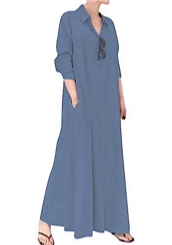 OMZIN Frauen Casual Button down Maxi Kleider Langarm Baumwolle Leinen Bluse Kleid Mit Taschen Dunkelblau 3XL von OMZIN