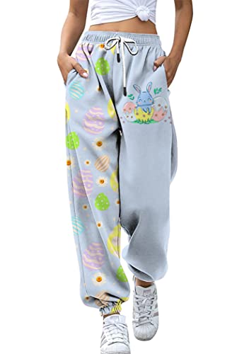 OMZIN Frauen Casual Ostern Hase Bedruckt Sweatpants Übergröße Jogginghose Elastische Taille Taschen Hosen Grau M von OMZIN