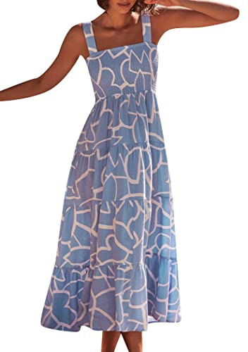 OMZIN Frauen Casual Ruffled Ärmelloses Kleid Smocked Tiered Sundress Spaghetti Strap Square Neck Dress Geometrie Blau XL von OMZIN