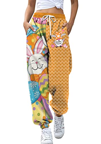 OMZIN Frauen Casual Running Workout Sweatpants Ostern Hase Gedruckt Sweatpants Hoch Taillierte Hose Orange M von OMZIN