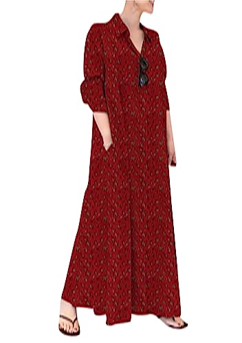 OMZIN Frauen Causal Leinen Shirt Kleider Langarm Button down Casual Lange Tops Mit Taschen Rosenrot L von OMZIN