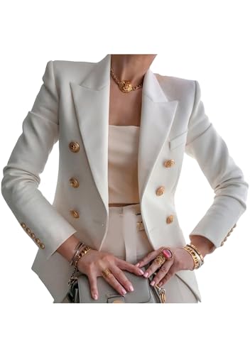 OMZIN Frauen Double Breasted Blazer Casual Long Sleeve Gold Button Open Front Blazer Jacken Arbeit Anzüge Weiß XS von OMZIN