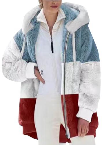 OMZIN Frauen Farbe Block Übergröße Mantel Reißverschluss Tasche Sherpa Flauschig Jacke Fuzzy Hooded Vlies Oberbekleidung Blau Rot S von OMZIN