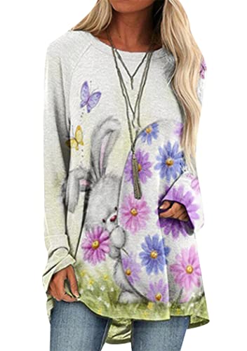 OMZIN Frauen Frohe Ostern Kaninchen Übergröße Long Pullover Casual Loose Bunny Bedrucktes Sweatshirt Ei Kaninchen S von OMZIN