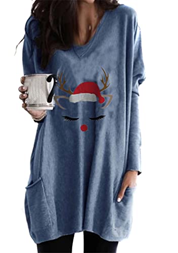 OMZIN Frauen Frohe Weihnachten Sweatshirt Langarm Plaid Leopard Xmas Tees Santa Hat Graphic Raglan Baseball Tops Bluse Mittelblau M von OMZIN
