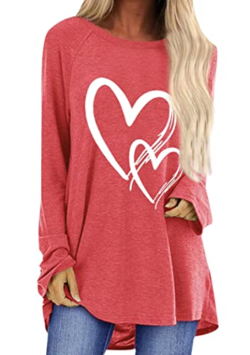 OMZIN Frauen Frühling Happy Valentine's Day Holiday Shirt Casual Langarm Top Rundhalsausschnitt Einfaches Sweatshirt Rot 3XL von OMZIN