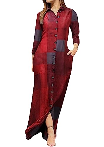 OMZIN Frauen Hemdkleid Mit Taschen Reverskragen Maxikleider Aufkrempeln Langarmkleid in Übergröße Langes Kleid Kariert Rot M von OMZIN