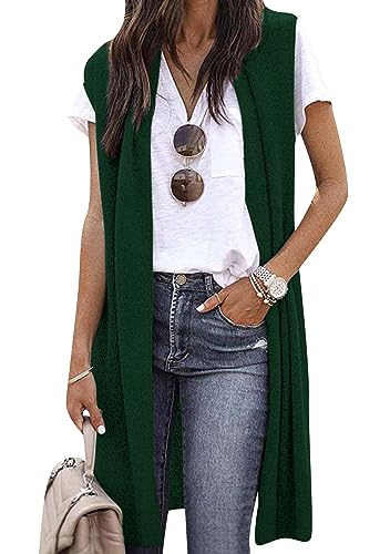 OMZIN Frauen Herbst ärmellose Offene Vorderseite Tunika Weste Strickjacke Tops Mantel Schlichtes Leichtes Lockeres Weste Dunkelgrün L von OMZIN