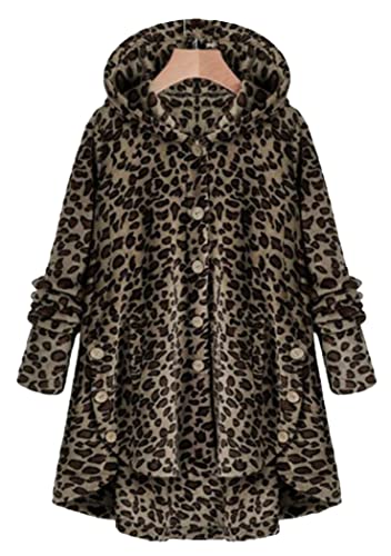OMZIN Frauen Kapuze Kunstpelz Mäntel Lange Jacke Button Fluffy Pullover Loose Sweater Plüschmantel Pelzjacken Brauner Leopard 3XL von OMZIN