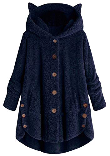 OMZIN Frauen Knopf Mantel mit Kapuze Pullove Hoodie Teddy-Fleece Langarm Pullover Jacke Parka Tops Damen Warm Pulli Outwear Mantel Jacke Coats Navy Blau XXL von OMZIN