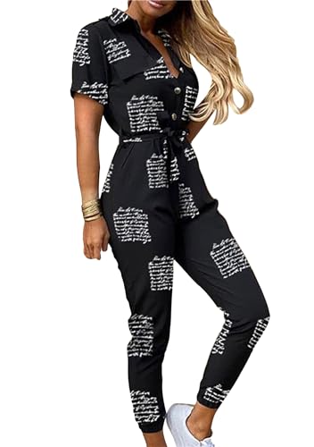 OMZIN Frauen Knopf Oben Taschen Belted Jumpsuits Beam Foot Lapel Kurzarm Lange Hosen Romper Brief XL OMZIN Frauen Knopf Oben Taschen Belted Jumpsuits Beam Foot Lapel Kurzarm Lange Hosen Romper Brief XL von OMZIN