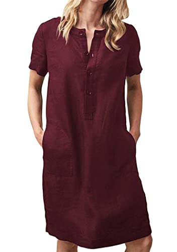 OMZIN Damen Henley Kurzarmkleider Baumwolle Leinen Kleid Plus Size Kurzarm Baggy Kleider mit Taschen Weinrot S von OMZIN