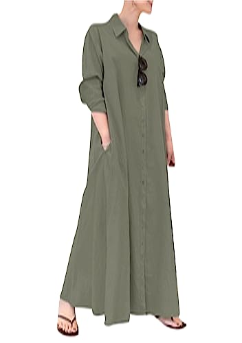 OMZIN Frauen Langarm Maxi Bluse Kleid Baumwolle Leinen Button down Solid Color Oversize Hemdkleid Grün 3XL von OMZIN