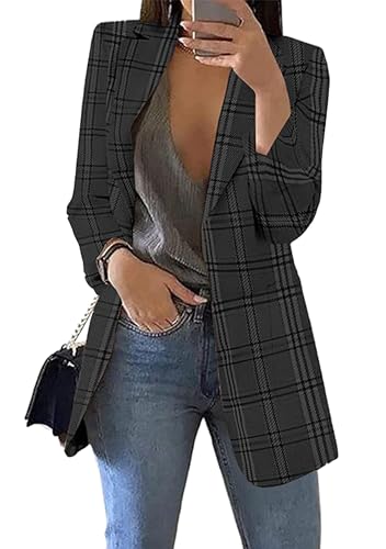 OMZIN Frauen Langarm Plaid Offene Front Blazer Offene Front Notched Revers Arbeit Büro Jacke Mantel Einfarbig Schwarz XL von OMZIN
