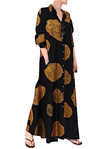 OMZIN Frauen Langarm Print Kleid Revers Hals Leinen Maxi Shirt Kleider Mit Taschen Plus Größe Baumring Gelb XXL von OMZIN