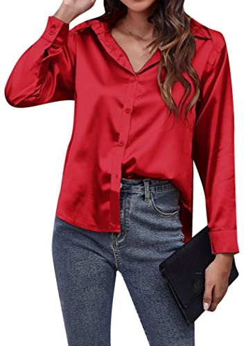 OMZIN Frauen Langarm Satin Shirt Knopf Solide Farbe Shirt Lässig Lose Elegantes Top Rot XL von OMZIN