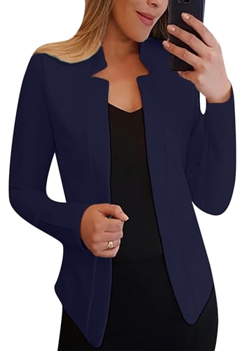 OMZIN Frauen Langarm Offener Front Schlank Arbeit Blazer Jacke Mit Kerbe Revers Gekröpft Solide Farbe Blazer Dunkel Marineblau M von OMZIN