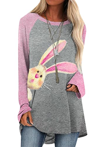 OMZIN Frauen Langer Pullover Ostern Hase Bedruckt Langarm Rundhalsausschnitt Lässig Hase Lose Sweatshirt Blume Rabbi L von OMZIN